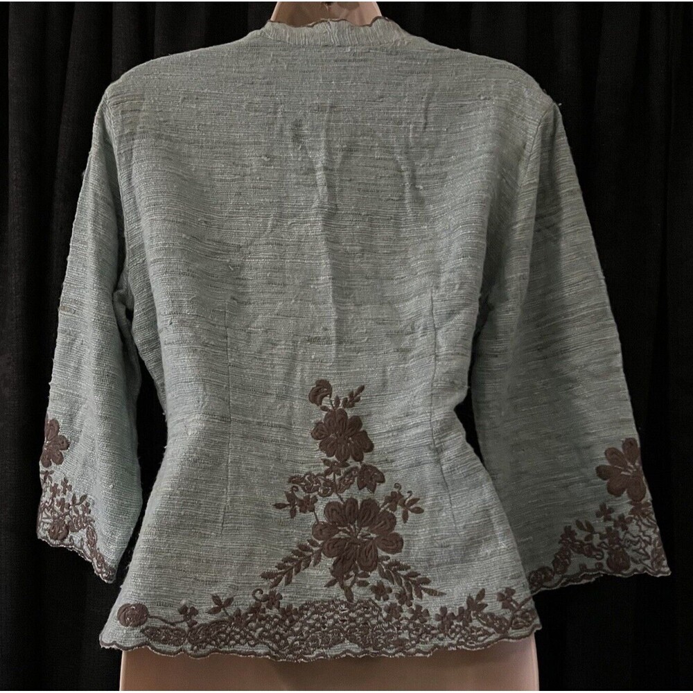 Two Star Dog TSD Green Brown Floral Embroidered 3/4 Sleeve 100% Silk Jacket S - Picture 4 of 8